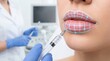 © Phaimanee - Close-up of a lip filler procedure: syringe near lips with digital grid overlay showing injection points.