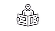 © Saima - Minimalist black line art vector icon illustration of a person reading a newspaper, featuring a silhouette of a man holding an open broadsheet paper for news, media, and information concepts.