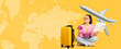 © Prostock-studio - A woman is sitting on the floor with a yellow suitcase beside her. She holds a map and a travel document while looking at a plane in a colorful background. It looks like she is planning a trip.