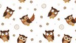 © ILIUSIA - Seamless vector pattern featuring cartoon owls and whimsical floral motifs on a white background, creating a playful and cheerful design perfect for various creative projects.
