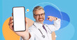 © Prostock-studio - A doctor is smiling and pointing to a smartphone in his hand. The background is a collage of colors and shapes. This scene highlights the use of mobile technology for health communication.