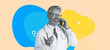 © Prostock-studio - A doctor stands smiling while talking on the phone. He wears a coat and glasses. The background features colorful shapes. This scene highlights communication in a healthcare environment.