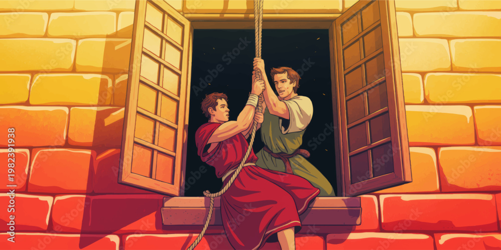 Medieval Escape Through Open Castle Window with Rope, Two Young Men in ...