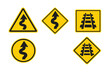 © MD Rohidul Islam - Collection of yellow traffic warning signs featuring winding road and railroad crossing symbols in various geometric shapes like triangle, diamond, square, and circle. Simple flat vector icons.