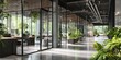© ichsan - A modern, open-plan office space seamlessly integrates with lush greenery, creating a bright and inviting workspace with a focus on natural light and biophilic design.