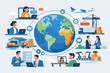 © Izhar - Professional Global Business Outsourcing and Vendor Management Concept Illustration with People Working Virtually, Supply Chain Logistics, International Trade, Manufacturing, and Customer Support.