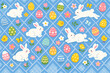 © Novera - Happy Easter Seamless Pattern with Cute White Bunnies, Colorful Decorated Eggs, Yellow Chicks, and Spring Flowers on a Blue Rhombus Lace Background for Gift Wrapping Paper and Textile Design.