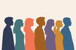 © Novera - Colorful Silhouettes of Diverse Men and Women Standing in a Row Facing Right Side Profile View. Simple Flat Vector Illustration Representing Community, Teamwork, Inclusion, and Social Diversity.
