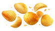 © Digistock - Crispy ridged potato chips and crumbs float dynamically against a clean white background. Available in transparent background.