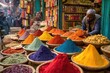 © Random - A vibrant spice market scene in India showcases colorful powders arranged in baskets, with a vendor tending to his display amidst a bustling crowd.