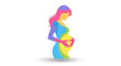© Avra - Illustration of a pregnant woman with a colorful body, creating a heart shape with her hands over her baby bump, symbolizing motherhood and new life