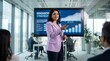 © ryker - Businesswoman giving presentation in modern conference room with digital chart and strategy slide, confident professional delivering innovation strategy and engaging colleagues during meeting