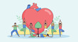 © Mael - Yoga for Heart Health: People practicing yoga poses around a large heart and tree, symbolizing wellness.