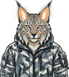 © Halo - Pixel art bobcat wearing camouflage jacket, a wild animal character portrait, detailed, expressive eyes, on isolated background