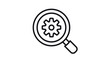 © Ingrid - Black line art vector icon illustration of a magnifying glass with a gear inside, symbolizing search settings, technical optimization, system analysis, SEO, and configuration on white background.