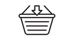 © Ustaad - Minimalist black line art vector icon illustration of a shopping basket with a downward pointing arrow, representing adding to cart, online retail purchase, e-commerce, and digital shopping.