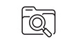 © Pam - Vector icon illustration of a file folder with a magnifying glass, representing document search, data discovery, and file management in a clean, minimalist black line art style on white.