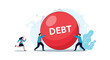 © Nabila - Two men pushing giant red ball labeled debt while woman runs away representing economic burden and financial pressure.