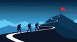 © The - Group of three hikers walking along a winding mountain path toward a red flag on the highest snowy peak at night.