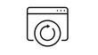 © Md - Minimalist black vector icon of a web browser window with a circular refresh arrow in the center. Scalable line art illustration representing page reload, update, restart, and internet browsing.