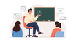 © Aluna - Teacher Explains Lesson to Students in Classroom with Blackboard and Icons