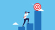 © The - Determined businessman with binoculars climbing a bar chart toward a target representing strategic goal achievement.