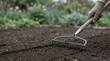 © Mariya Sorvacheva - Gardener using metal rake to prepare soil in a garden bed with blurred flowers and greenery in the background, showcasing gardening tools and techniques