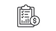 © Sumon - Financial report vector icon illustration featuring a clipboard with a checklist, bar chart, and dollar sign coin, representing business planning, budgeting, and accounting analysis.