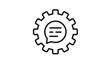 © TaslimaAkther - Minimalist black line vector icon of a gear cogwheel containing a speech bubble with text lines, representing technical support, customer service chat, automated messaging, or communication settings.