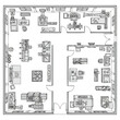 © Arfin - Overhead view schematic of a detailed manufacturing floor plan showing various workstations and machinery layout conceptualizing industrial space organization for production efficiency and