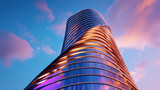 Futuristic skyscraper with unique design, showcasing modern architecture and vibrant colors against sunset sky