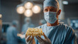 © Vitalii - Orthopedic surgeon holds patient specific 3D printed spinal implant with porous lattice structure designed from CT scan data before complex fusion procedure in operating room, ideal for personalized