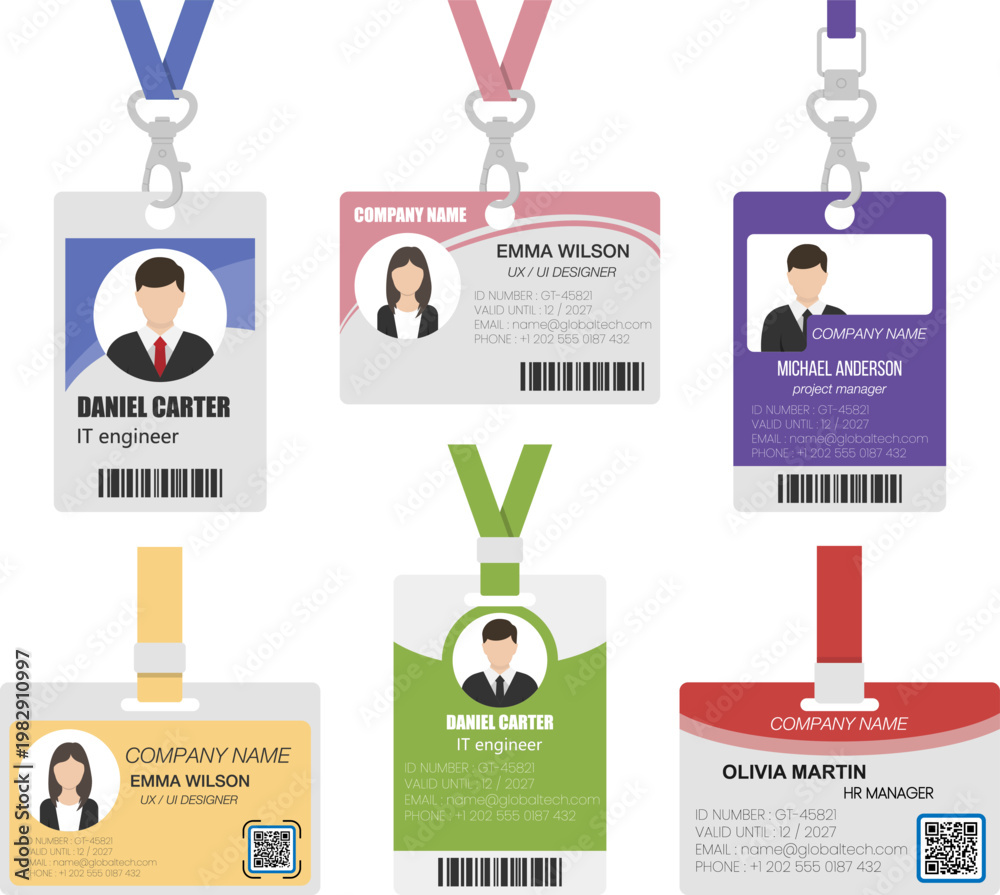 Identification Code Examples Card Set of professional employee identification cards with colorful ...