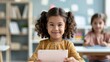 © Intelligent Horizons - A cheerful young student with curly pigtails looks forward holding a pink tablet computer in a modern classroom emphasizing digital learning and engagement