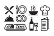 © Abu - Kitchen and restaurant icons set featuring chef hat dining plates wine bottle menu and food service graphics.