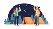 © Faris - Two people stargazing at night in a campsite with tents and trees.
