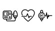 © Mehedi - Blood pressure monitoring and heart health care icons with pressure wellness measurement diagnosis healthcare equipment cardiology heartbeat clinical hospital technology monitoring