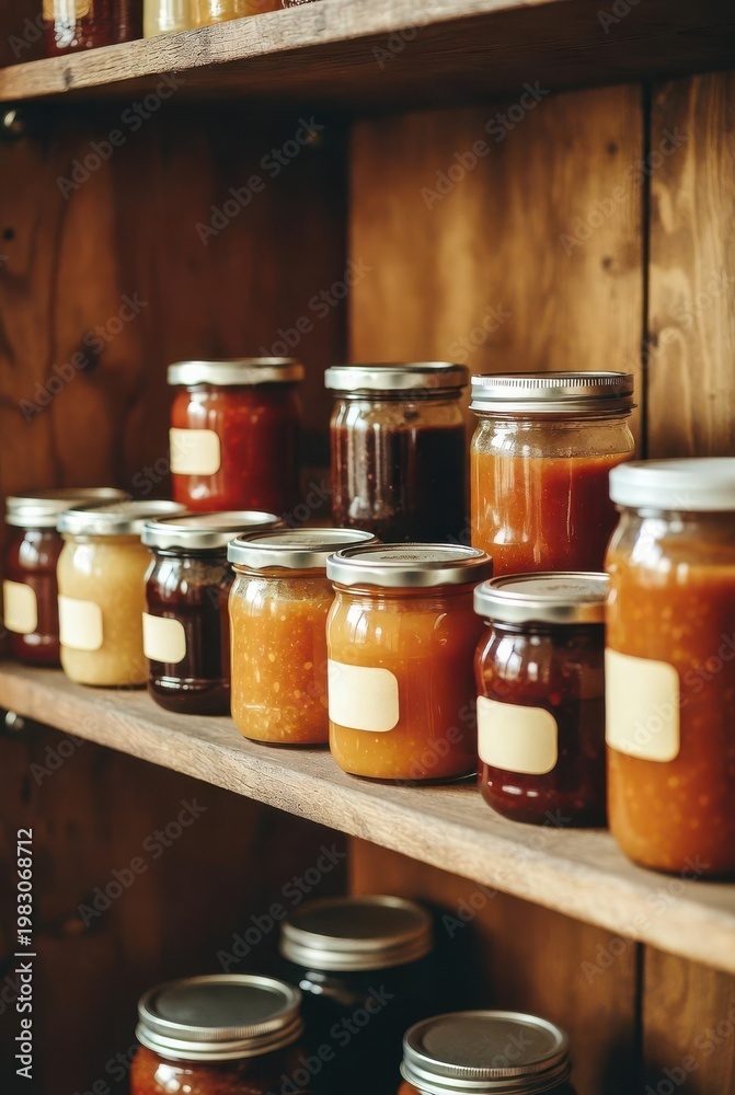 Farm Jars Color Row of glass jars with organic fruit jams and vegetable preserves on ...