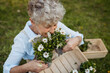 © Halfpoint - Senior woman gardening in spring, holding flowering plants.
