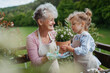 © Halfpoint - Elderly woman and little granddaughter planting flowers together in spring garden.