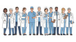 © Uttpol Saha - Large team of multiethnic male and female medical professionals with stethoscopes and clipboards, flat line art vector illustration isolated on white