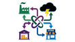 © MDRAINULISLAM - Supply chain integration vector illustration featuring a central hub connected to a factory, warehouse, retail store, and storm cloud representing risk management and logistics network flow.