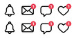 © Moni - social media notification icons bell message like speech bubble with red circle badge.