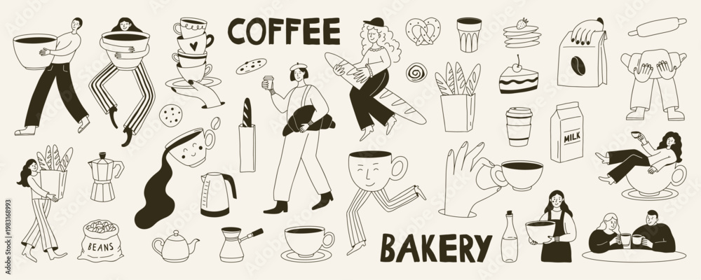 Hand drawn coffee and bakery illustration set in cute doodle style ...