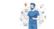 © Fatma - Man with book and business icons, concept of startup, ideas, growth, and strategy
