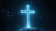 © Mystery - Futuristic holographic cross made of pure light particles rotating in dark digital cosmos, deep black background
