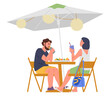 © Александра Гвардейце - Couple eating at a café under umbrella flat vector illustration isolated on white.