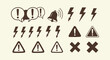 © RUMA - Collection of Hand Drawn Sketch Warning Alert Symbols with Exclamation Mark Lightning Bell and Cross