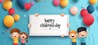 © liu - Happy Children’s Day banner with paper cut kids and white board, “happy children's day” text, balloons background, cartoon style vector illustration for holiday posters, social media, invitations, dec
