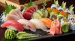 © Ami - Fresh Japanese Sushi and Sashimi Assortment Platter with Nigiri, Maki Rolls, Wasabi, and Pickled Ginger